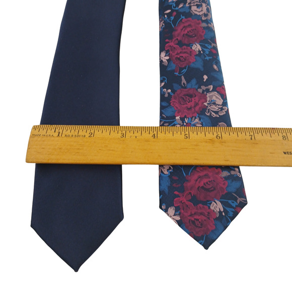 BESPOKE Elegant Men's Ties - Solid Navy Blue & Floral Pattern Blue Pink Red Tie - Picture 8 of 8